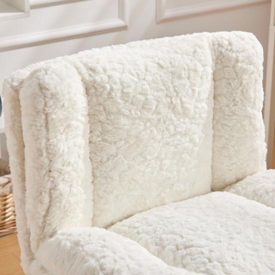 Silla de Manicura 26.4 Pulgadas Asiento Silla de Oficina Pelo de Conejo Artificial Hogar con Base Giratoria de Metal Escritorio Vanity Ajustable (Crema)