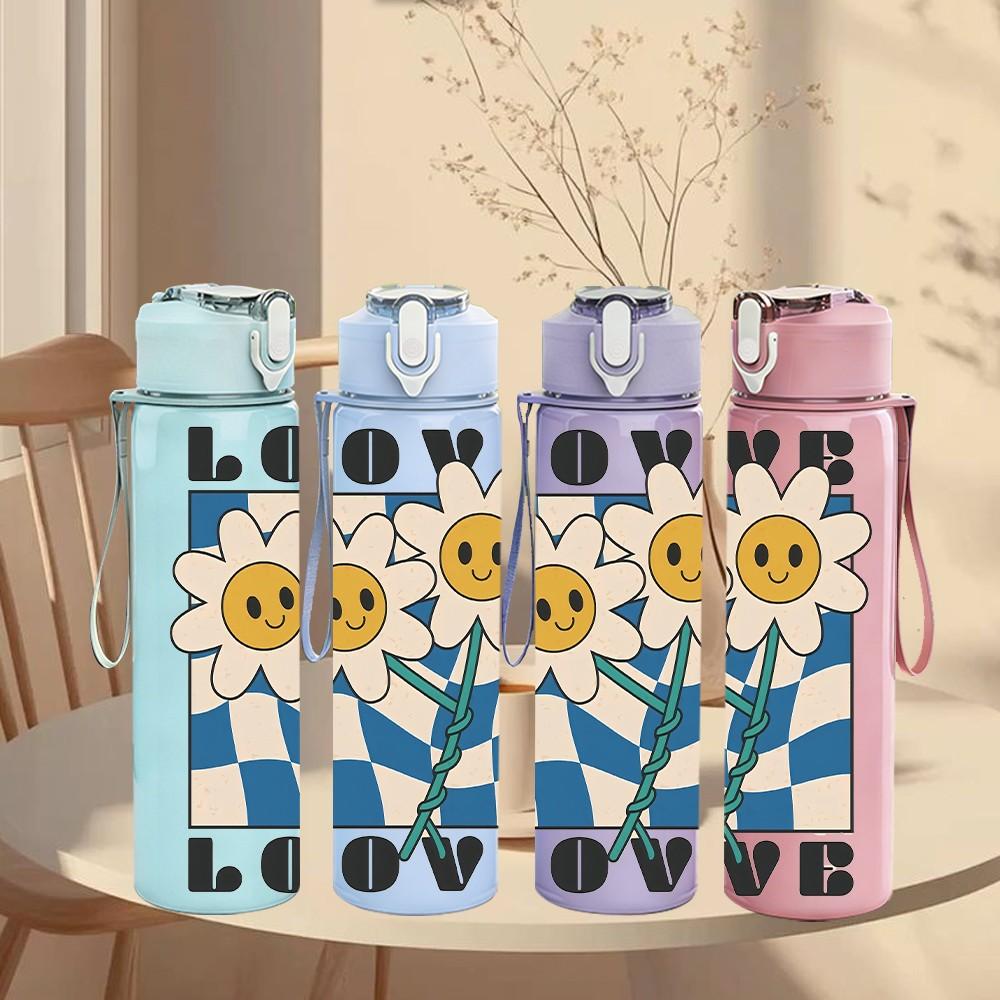 1PC Love Checkerboard Sunflower Retro Pattern 750ml Color Plastic Sports Water Bottle Leakproof Flip Straw Lid Suitable for Sports Office Home Use