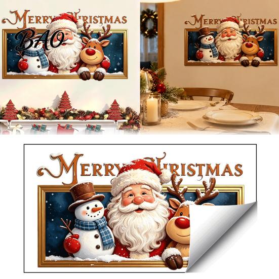 Decorative Window Clings for Holidays Christmas Wall Stickers, Santa Claus Reindeer And Snowman Decals with Photo Frame PVC Stickers Design, Removable