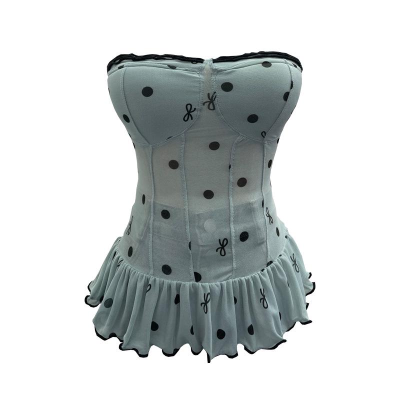 Polka Dot Mesh Bandeau Top with Padded Bustier and Open Back