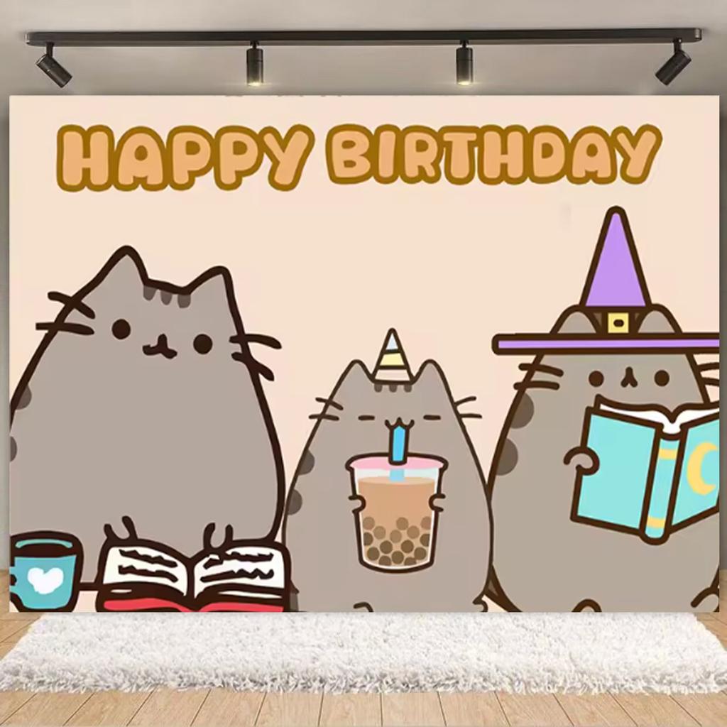 Cartoon Cute Fat Gray Cat Cake Happy Birthday Banner Custom Kid Birthday Party Decor Supplies Baby Shower Photography Background