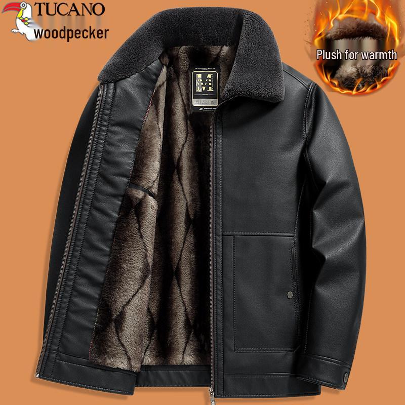 

Woodpecker Men s Winter Plus Velvet Leather Jacket for Middle-aged and Elderly 170/84A for 80-100kg чорний
