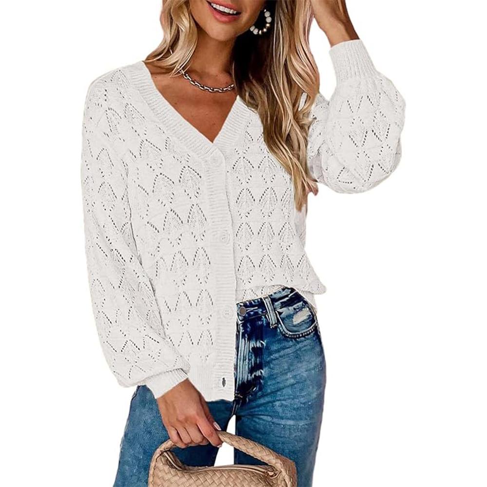 Dámský lehký háčkovaný zkrácený kardigan 2025 s výstřihem do V, dlouhým rukávem a bolerkem na knoflíky