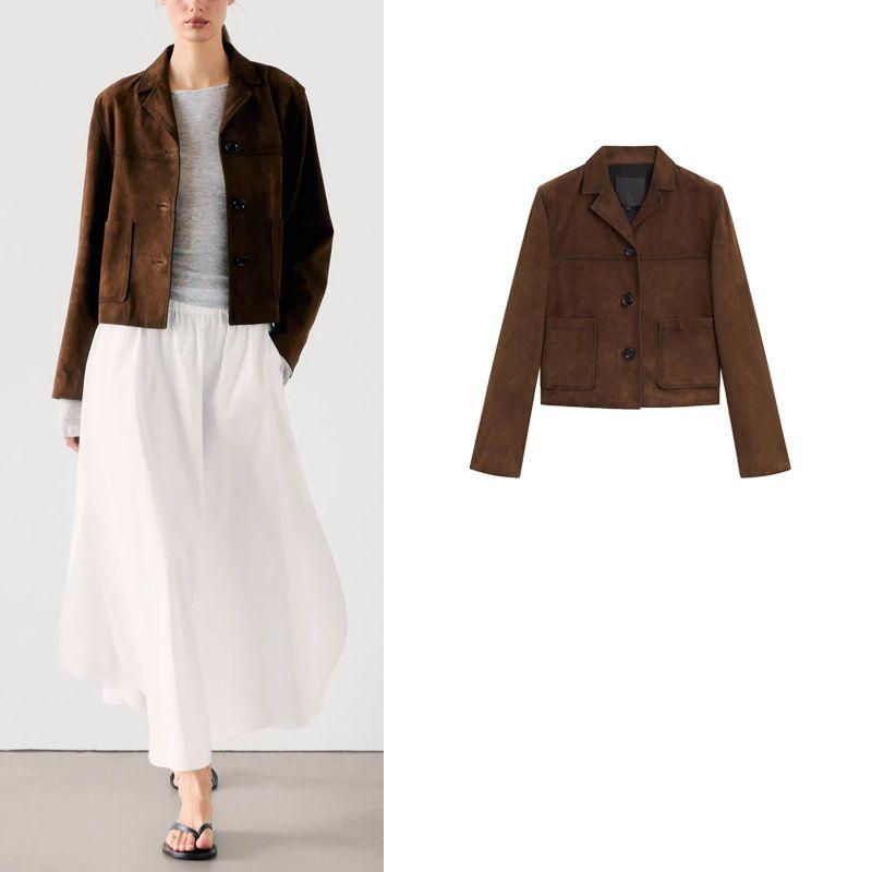 Spring New Women's Fashion Old Money Style Accessible Luxury Fancy Brown Suede Leather Short Leather Jacket 4716826