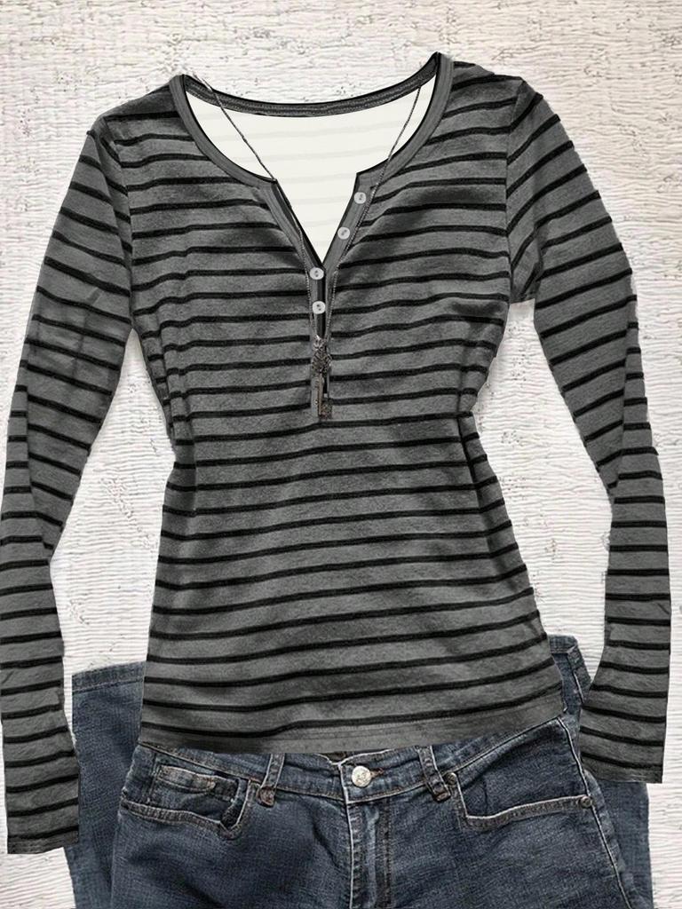 European & American Striped V-neck Long-sleeve Slimming T-shirt - Autumn/Winter Casual Korean Style
