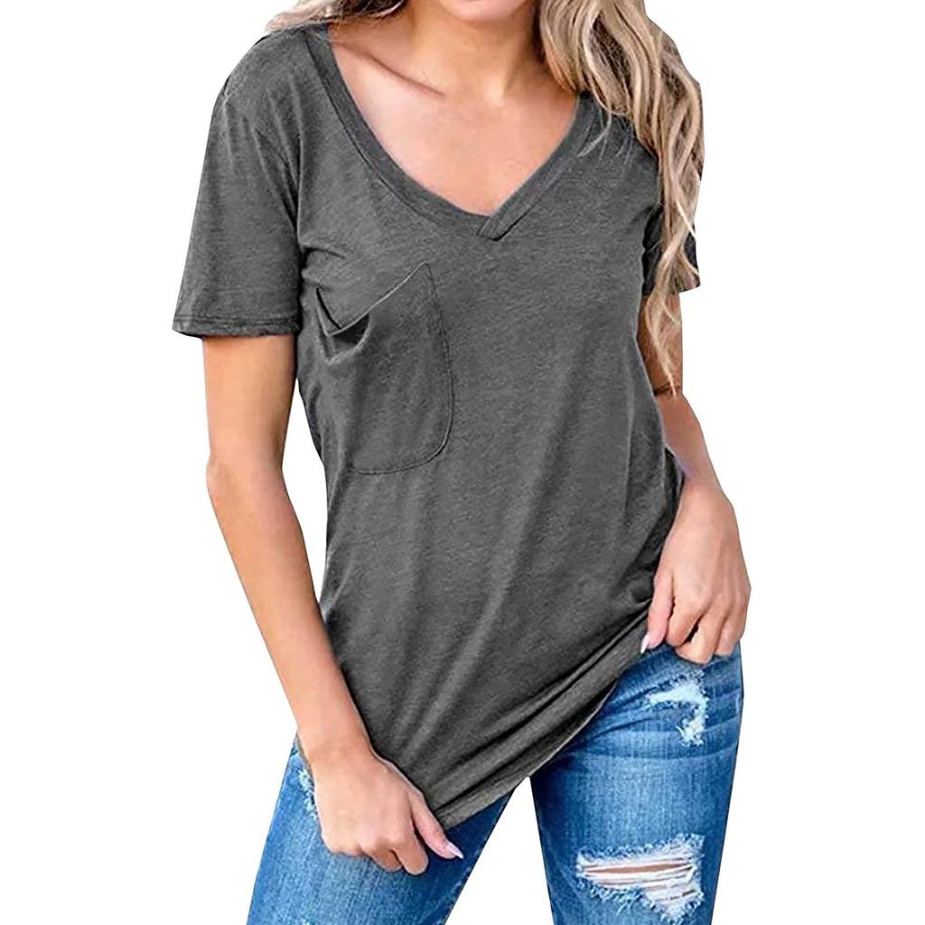 Women's Casual Fashion V-Neck Tops Short-Sleeved Pocket Loose T-Shirt