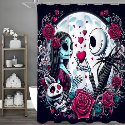 Halloween Gruselige Puppe Rosenknospe Blume Duschvorhang, Badezimmer Dekorativer Duschvorhang, Wasserdichter Duschvorhang mit Haken