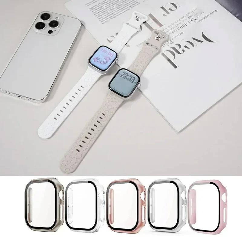 Glass+Case+Strap for Apple Watch Band 45mm 44mm 41mm 40mm Engraved Leopard belt for Apple IWatch Series 10 8 7 6 SE 5 46mm 42mm