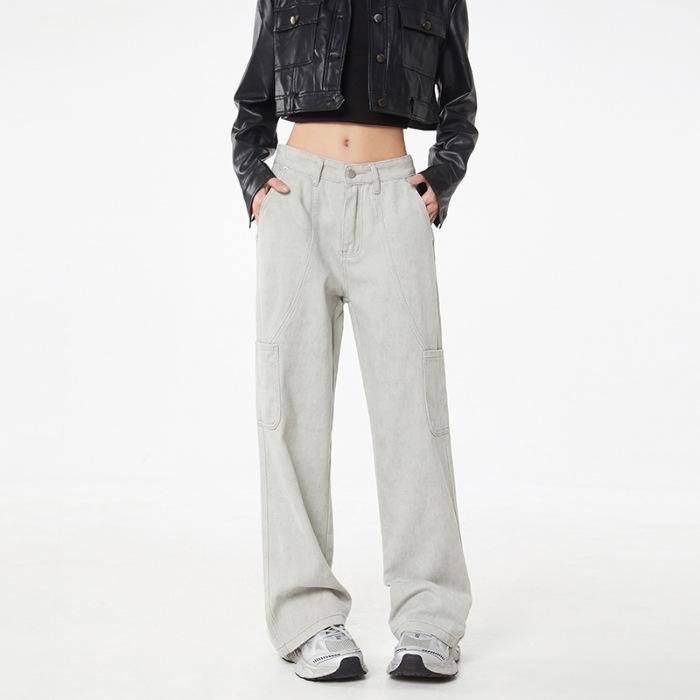 Autumn New Style of Work Jeans for Men's Multi-pocket American High Street Water Washing Casual Wide-leg Trousers