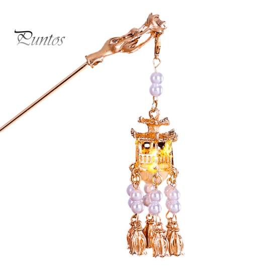 Hair Stick Women Vintage Traditional Chinese Palace Lantern Shape Pendant Faux Pearl Fork Decor Tassel Stainless Exquisite Forks Hanfu Dress Prop Lady
