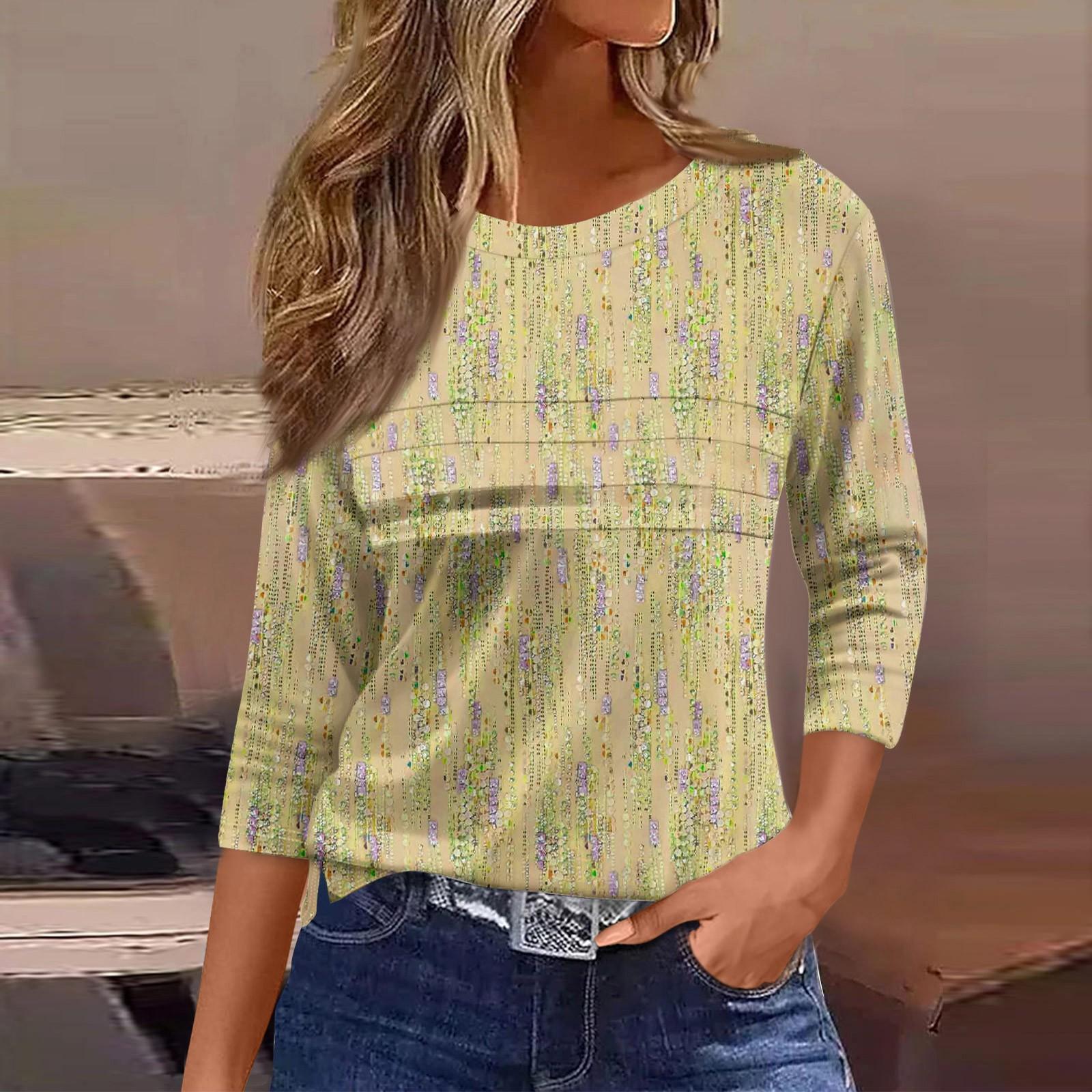 

Женская мода повседневный свободный топ с рукавом 3/4 в полоску с круглым вырезом XL жёлтый