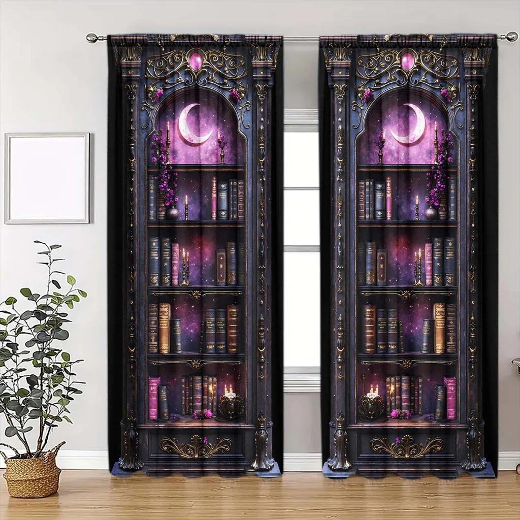 Floral Gothic Bookshelf Curtain Design Polyester Halloween Window Decor Home Curtains Light Blocking Set Of 2 Made With Rod Pocket