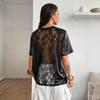 2026 New Printed Loose Casual Street Style See-through Sexy Lace Patchwork Short Sleeve T-shirt