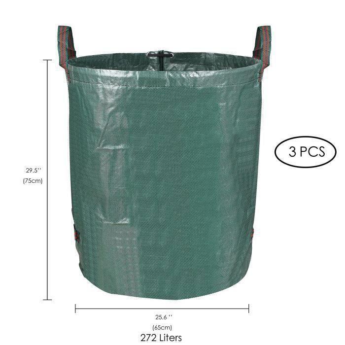 HAPPY-3 x 272L Sac de Jardin Sac de Déchets de Jardin en PE Solide - Autoportante et Pliable - Réutilisable