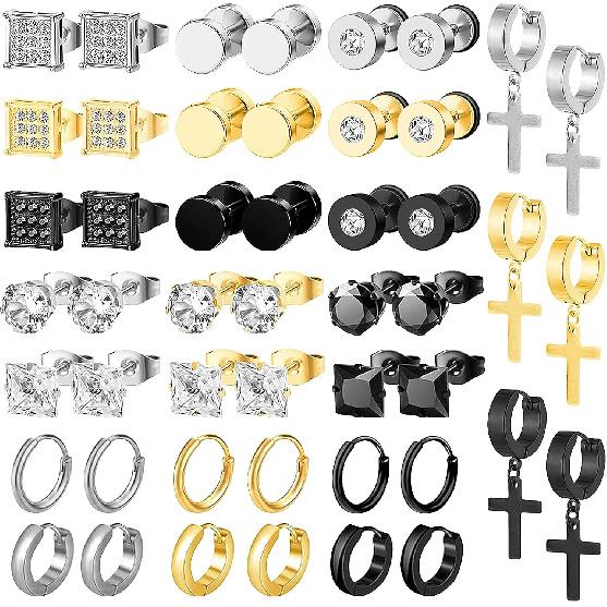NEWITIN 24 Pairs Stainless Steel Earrings for Men Hypoallergenic Inlaid Cubic Zirconia Studs Hoop Earring Cross Dangle Earrings Unisex Punk Stud