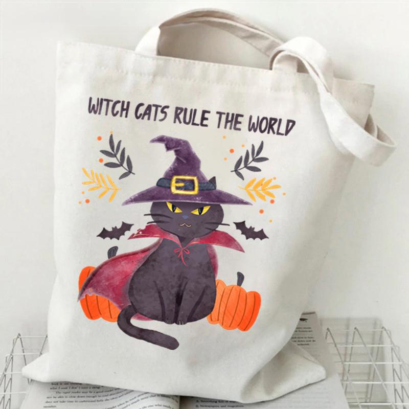 Cat Tote Bag Gothic Black Cat Shopper Halloween Party Gift Shopping Bag Spooky Seasonal Fun Animal Women's Tote Bag