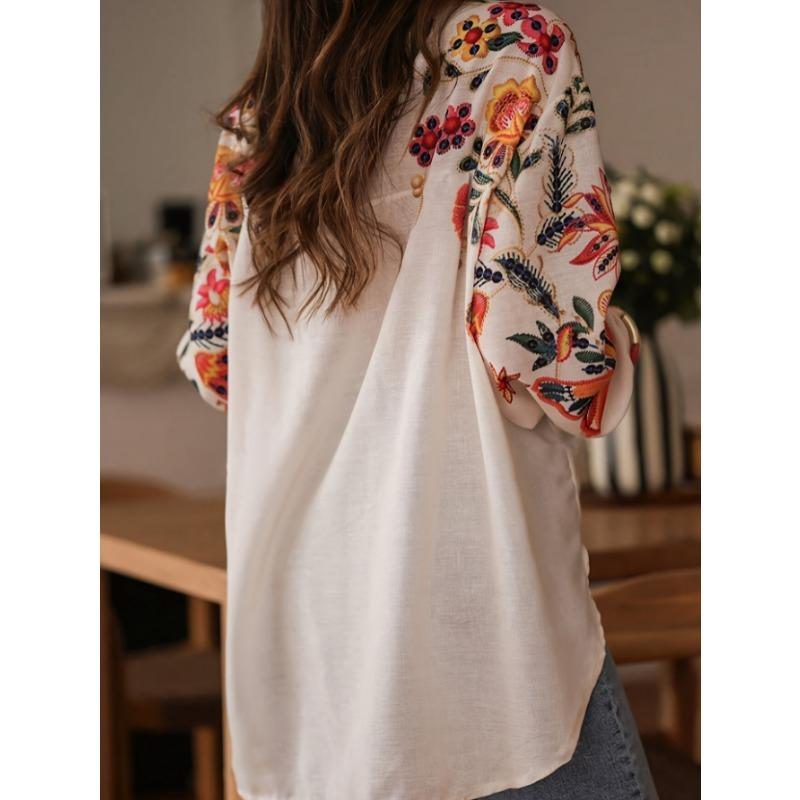 New Loose Long Sleeved Printing Floral Shirts Spring and Summer Casual Blouse Lapel Simple Top Long Sleeve Simple Sweet Office Clothing