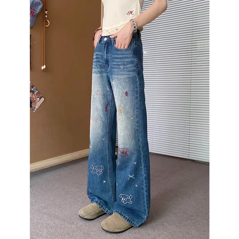 Women's Blue Retro Puppy Embroidery Jeans - Slimming, Loose-Fit, Straight-Leg for Spring/Autumn