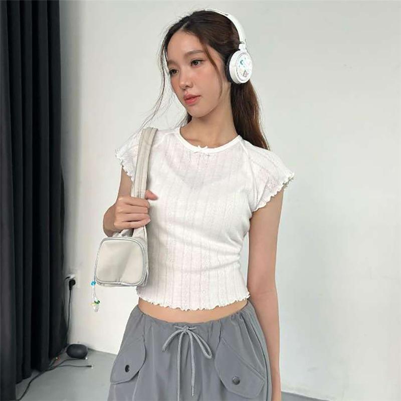 Spring and Summer Women's Clothing New Arrivals Sweet Girl Style Solid Color Personality Round Neck Slim Short Sleeve T-shirt for Women