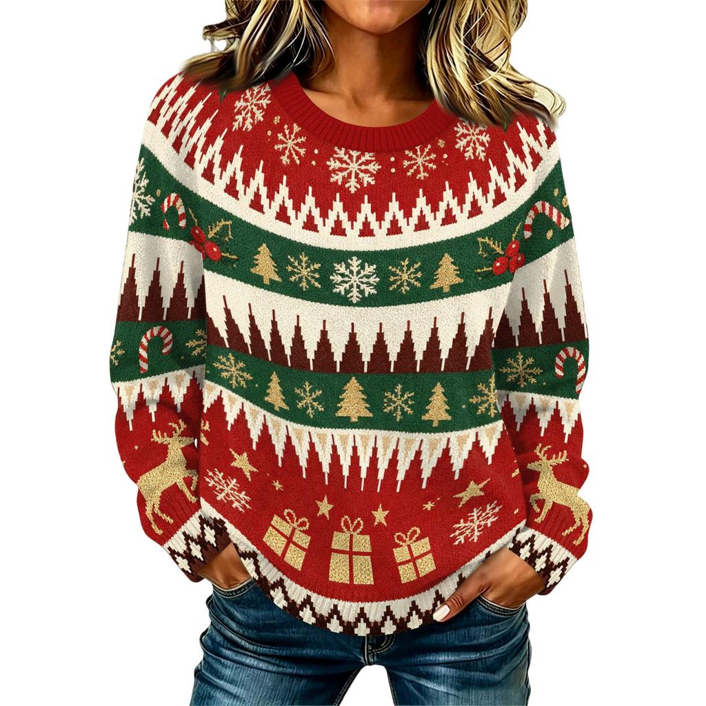 Maglione da Donna Casual a Manica Lunga con Scollo e Stampa Natalizia per le Feste