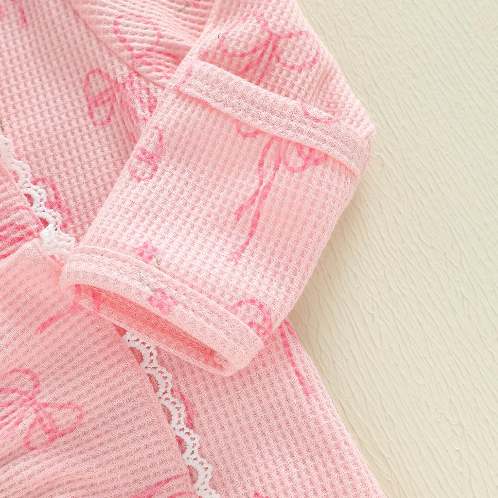 Citgeett Spring Newborn Baby Girl Fall Romper Waffled Bow Print Long Sleeve Zipper Footed Jumpsuit Headband Clothes