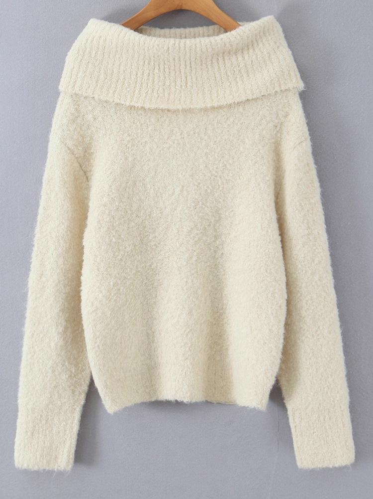 French Winter Off-Shoulder Soft Knit Sweater - Solid Color Loose Pullover