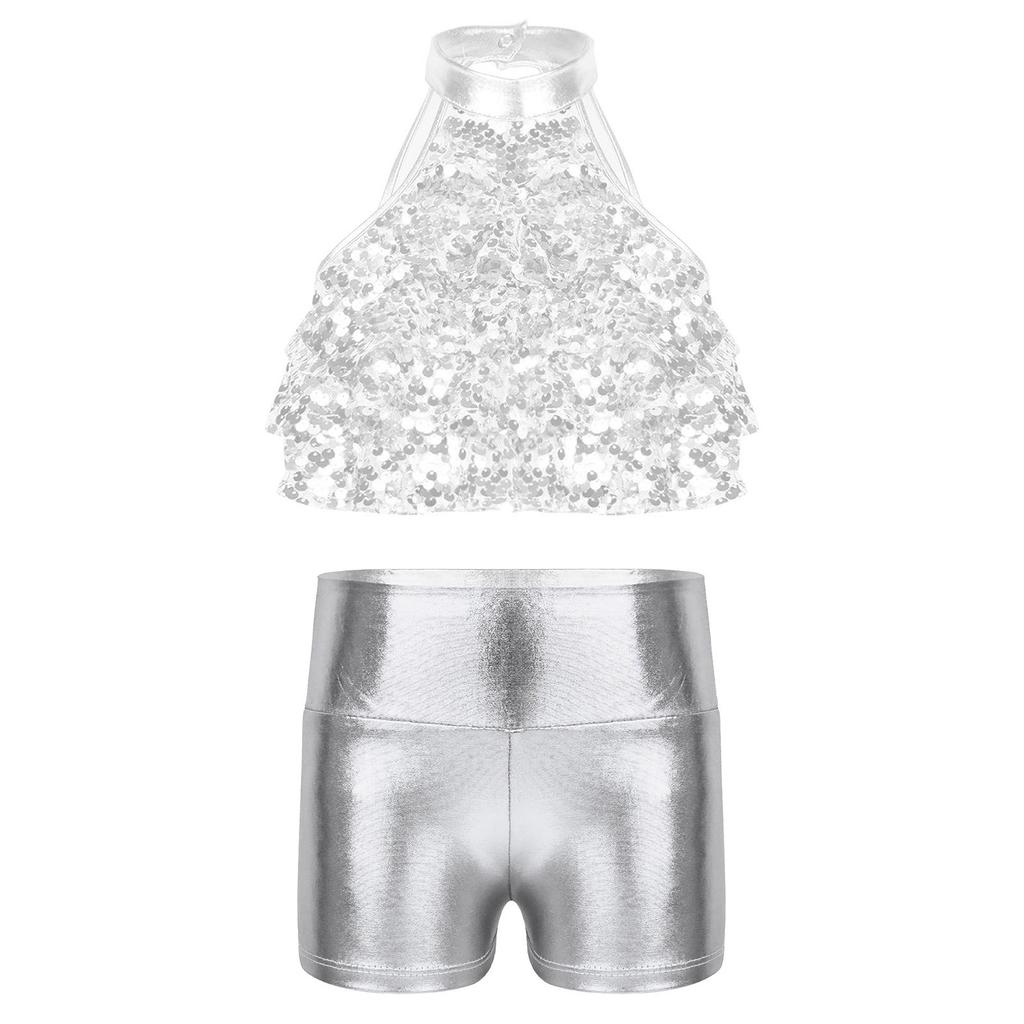 Top Corto da Bambina con Collo Alto Senza Maniche e Paillettes Pantaloncini Stratificati Lucidi Metallici Outfit per Danza sul Palco
