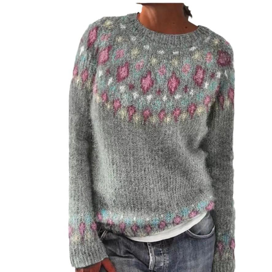 Knitted Women Sweater Print O-neck Long Sleeve Casual Loose Sweaters Female Winter Elegant Trendy Ladies Clothes