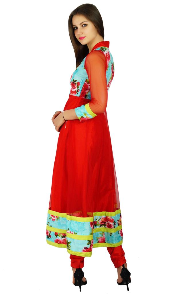 Bimba Womens Classic Net and Dupion Silk Anarkali Kurta Red Kurti Long Formal Party