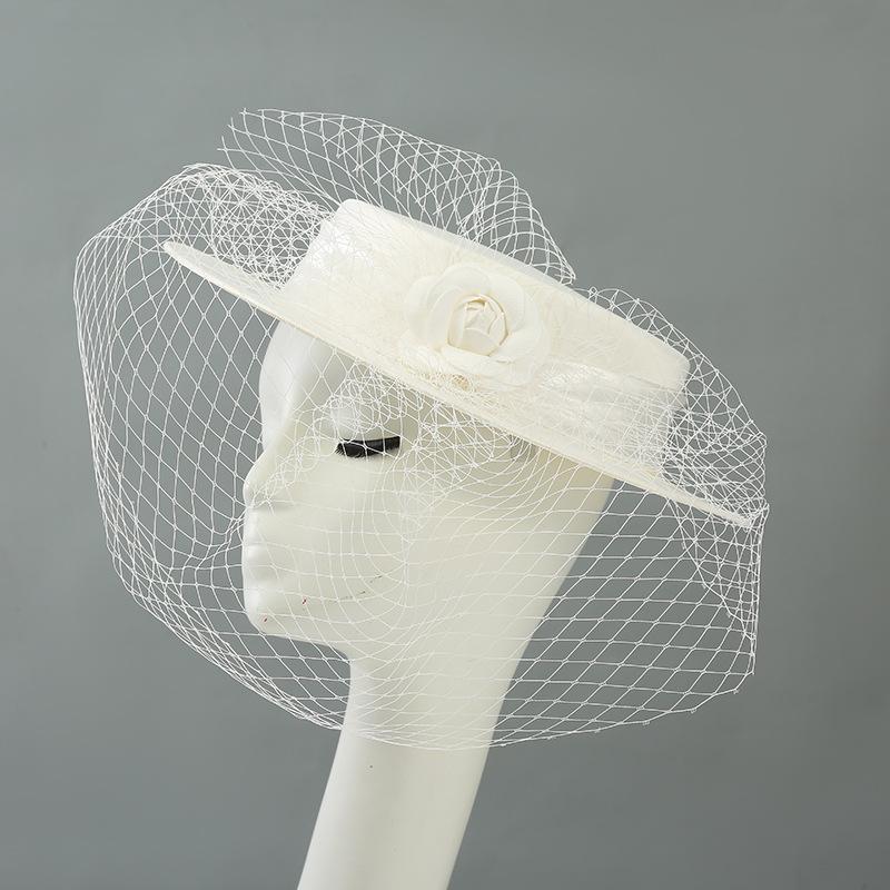 French Style Audrey Hepburn Black Camellia Veil Hat Vintage British Flat Top Flower Mesh Cap for Women Wedding Party M(56-58CM) белый