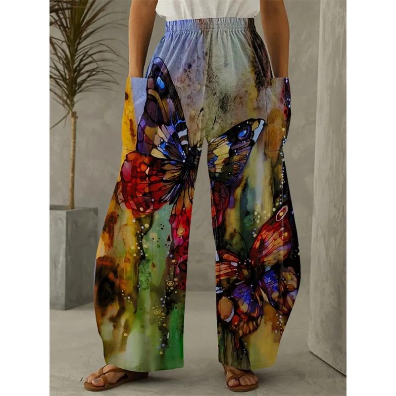 Fashion Flowers Butterfly Print Pants Casual Delicate Ladies Wide-legged Pants Autumn Hundred Retro Street Shooting Pants