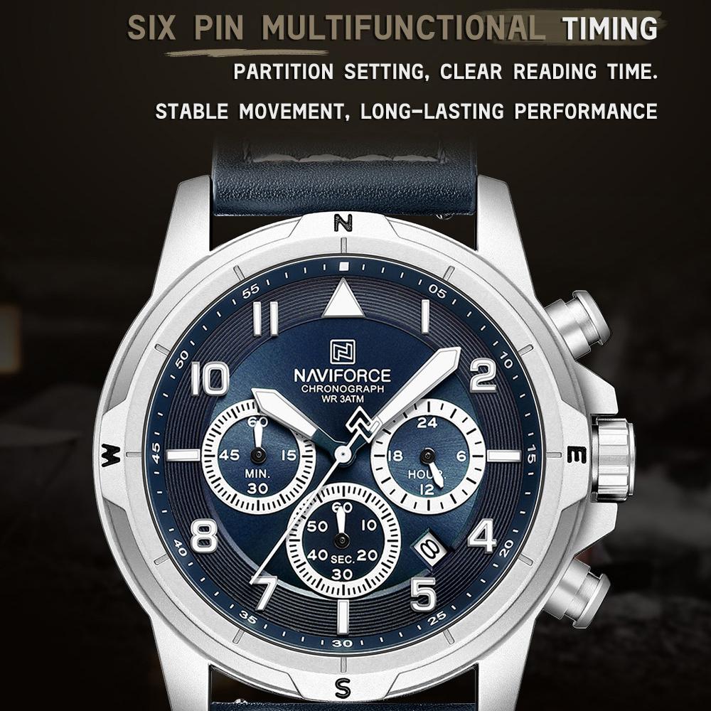 NAVIFORCE Original Men Quartz Watch Chronograph Mini Dial Calendar Date Leather Strap Luminous Hands 30m Waterproof Men Watch Gift NF8077
