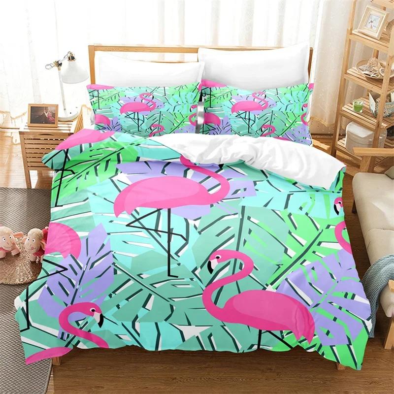 Comforter Flamingo Tropical Floral Palm Leaves Bedding Set Queen Twin Microfiber Summer Hawaiian Wild Animal Comforter