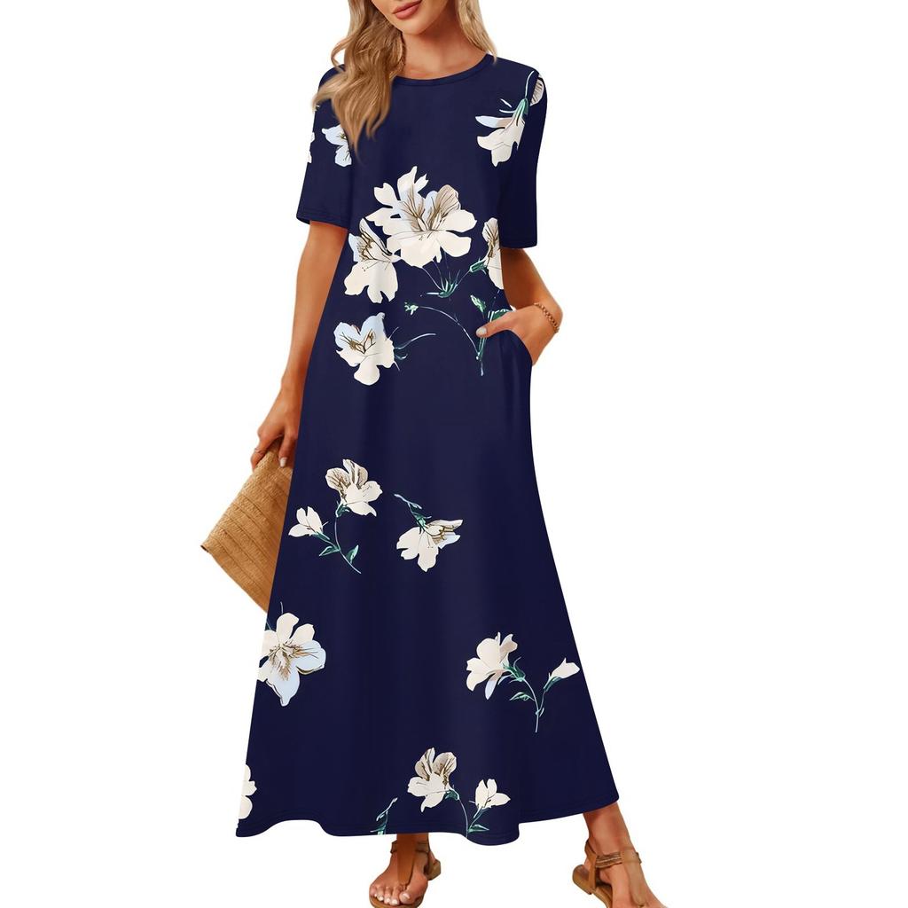 Women's Fashionable And Casual Long Beach Skirt Round Neck Short Sleeved Loose Retro Print Dress