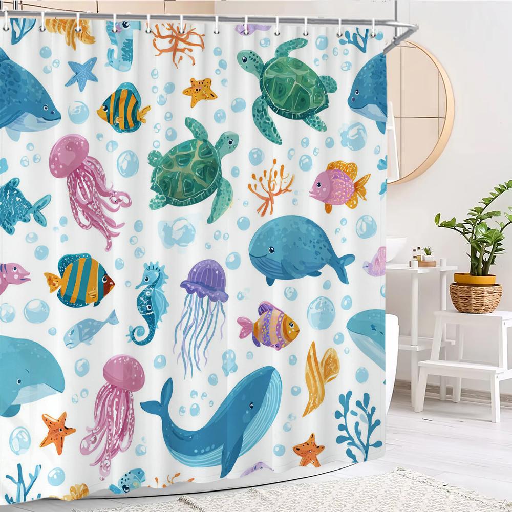 Cartoon cute fish children Shower Curtain, Bathroom Decorative Shower Curtain, Waterproof Shower Curtain with Hooks