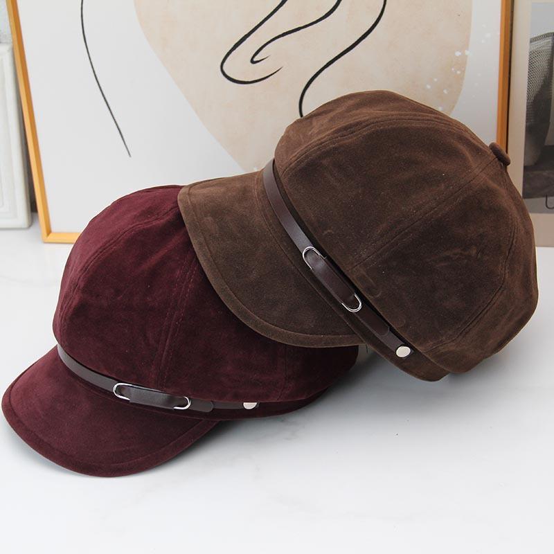 Autumn and winter retro octagonal newsboy hat female British temperament belt buckle short brim beret showing face small painter cap