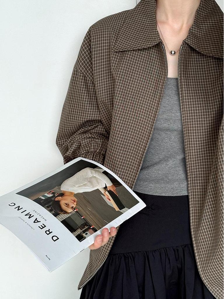 Orange Zhi Retro Houndstooth Lapel Short Coat - Versatile Autumn Style