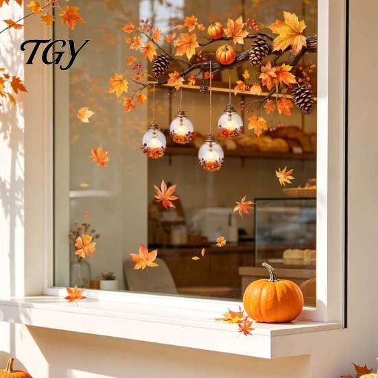 Autumn Window Decals Maple Leaf And Lantern Static Sticker, Double Sided PVC Waterproof Cling Decals, Removable Electrostatic Glass Clings for