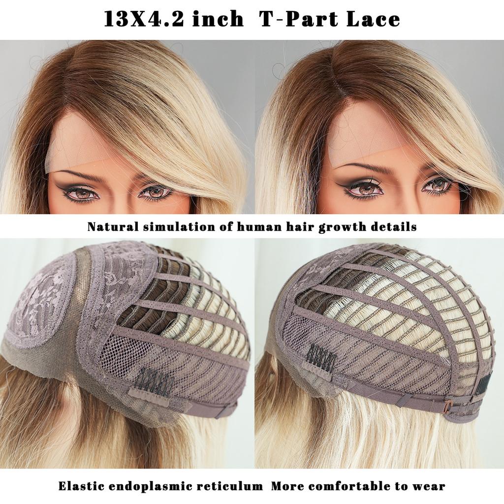 T-part Krajkové paruky Champagne Gold Zvýraznění Vlny Boční body Krajkové paruky Celá pokrývka hlavy