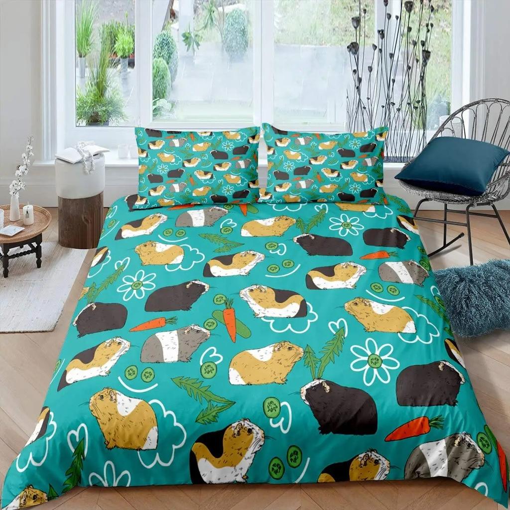 Set Copripiumino Carino Porcellino d'India Cartone Animato Animale Poliestere Biancheria da Letto per Bambini e Bambine Rosso Fragola Frutta Copripiumino Matrimoniale King