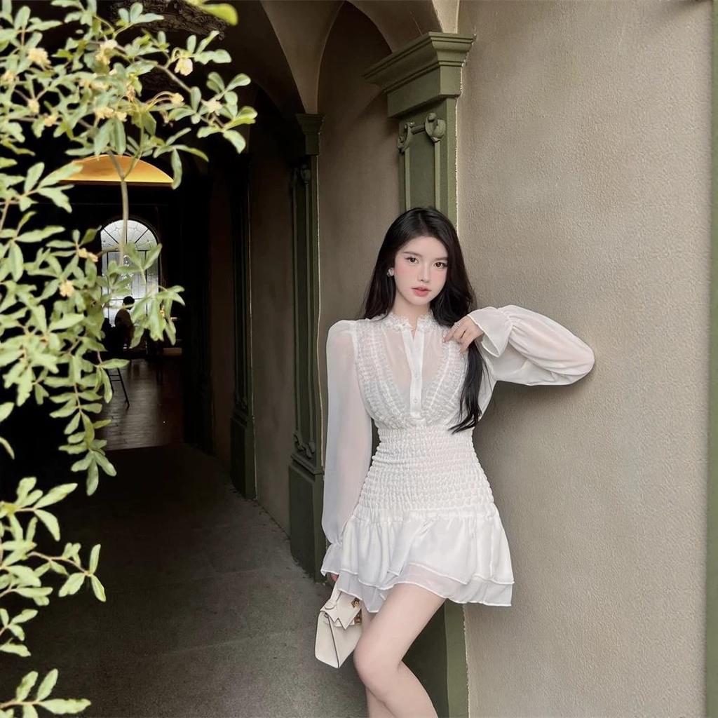 High sense Korean French gentle wind small waist short skirt ruffle edge shirt dress fairy short skirt