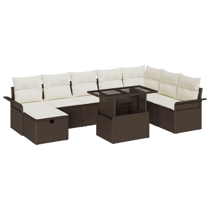 Ensemble de Canapé de Jardin vidaXL 9 Pièces avec Coussins en Rattan Poly Marron, Canapé de Jardin 2 Places vidaXL avec 3361027