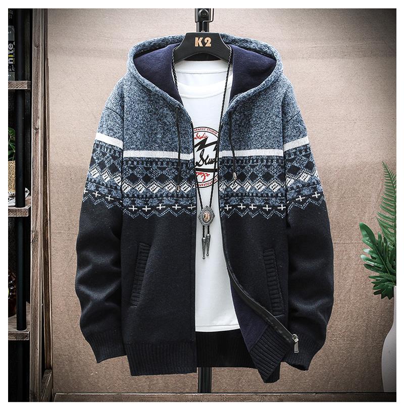 Мужская повседневная куртка с капюшоном, кардиган, вязаный утолщенный свитер с подкладкой для мужчин L синий