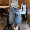 Women's High Waist Wide Leg Capri Jeans Straight Seven Length Denim Shorts Vintage Washed Loose Casual Cropped Pants