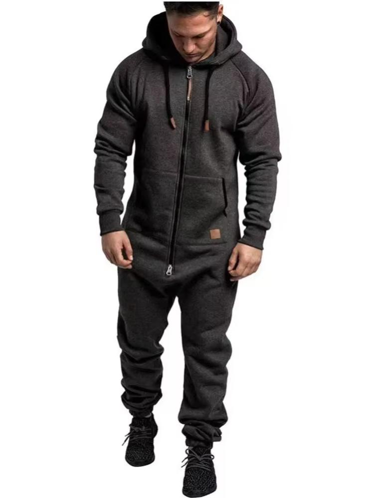 Winter Men's Hooded Fleece Jumpsuit with Solid Color and Color Blocking Casual Workwear Set for Men