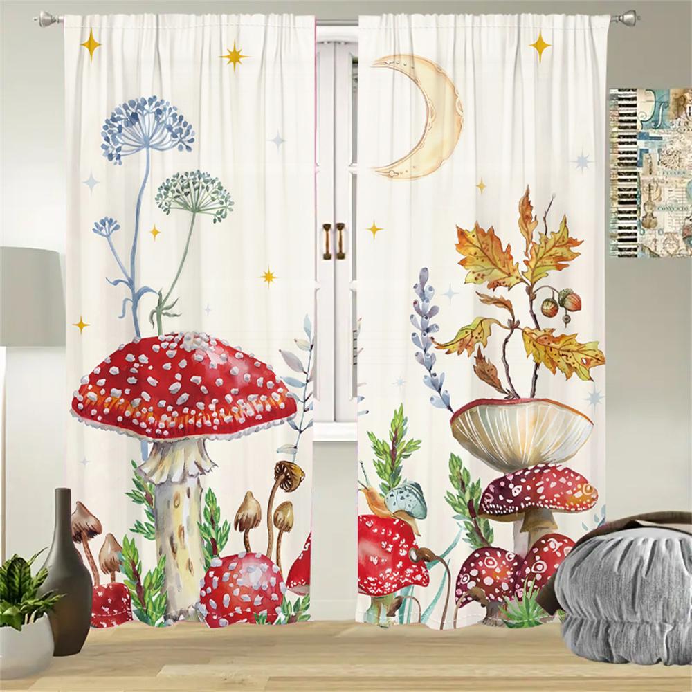 2Pcs Dreamy Mushroom Curtains Moon Stars Floral Pattern Living Room Bedroom Window Decor Curtains Fairy Forest Style Curtains
