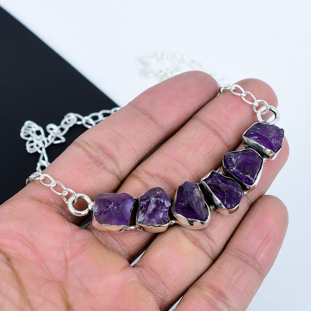 Collar de amatista natural en bruto en plata de ley 925, joyería de piedras preciosas hecha a mano, regalo perfecto para ella, collar de declaración bohemio para ideas de regalos.