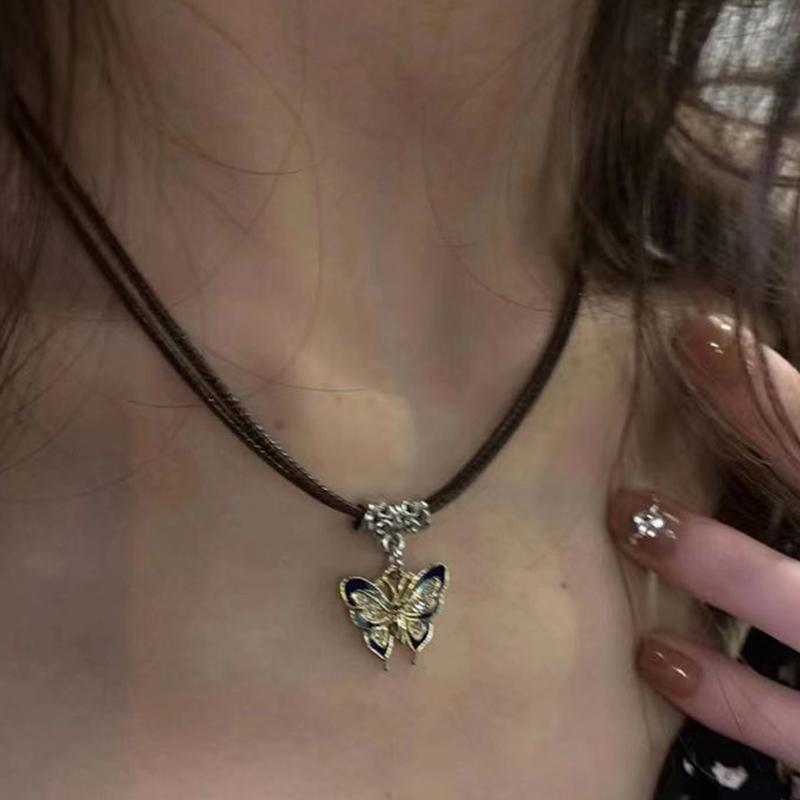 Vintage Blue Black Butterfly Pendant Necklace For Women Punk  Leather Rope Choker Necklaces Trendy Clavicle Chain