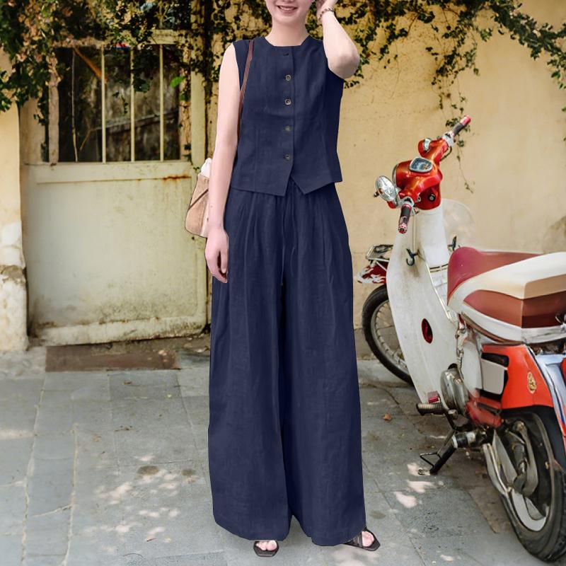 

ZANZEA Women Sleeveless Tank Tops and Pants Casual Two Piece Suit Sets 5XL темно-синього кольору