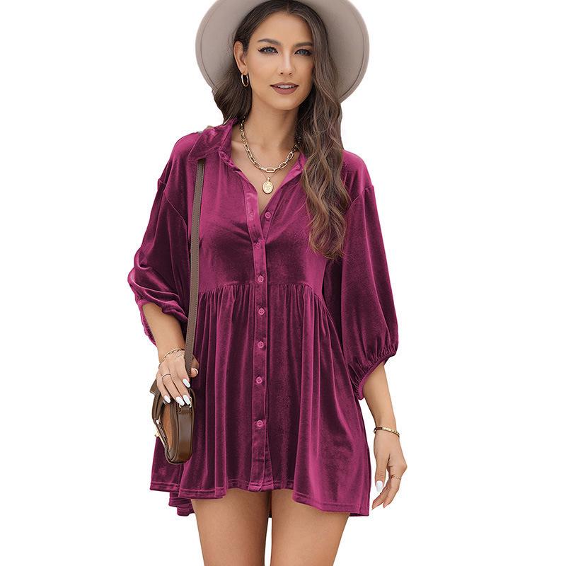 2025 Autumn Women's Solid Velvet Single-Breasted Pleated Long Sleeve Shirt - European and American Style